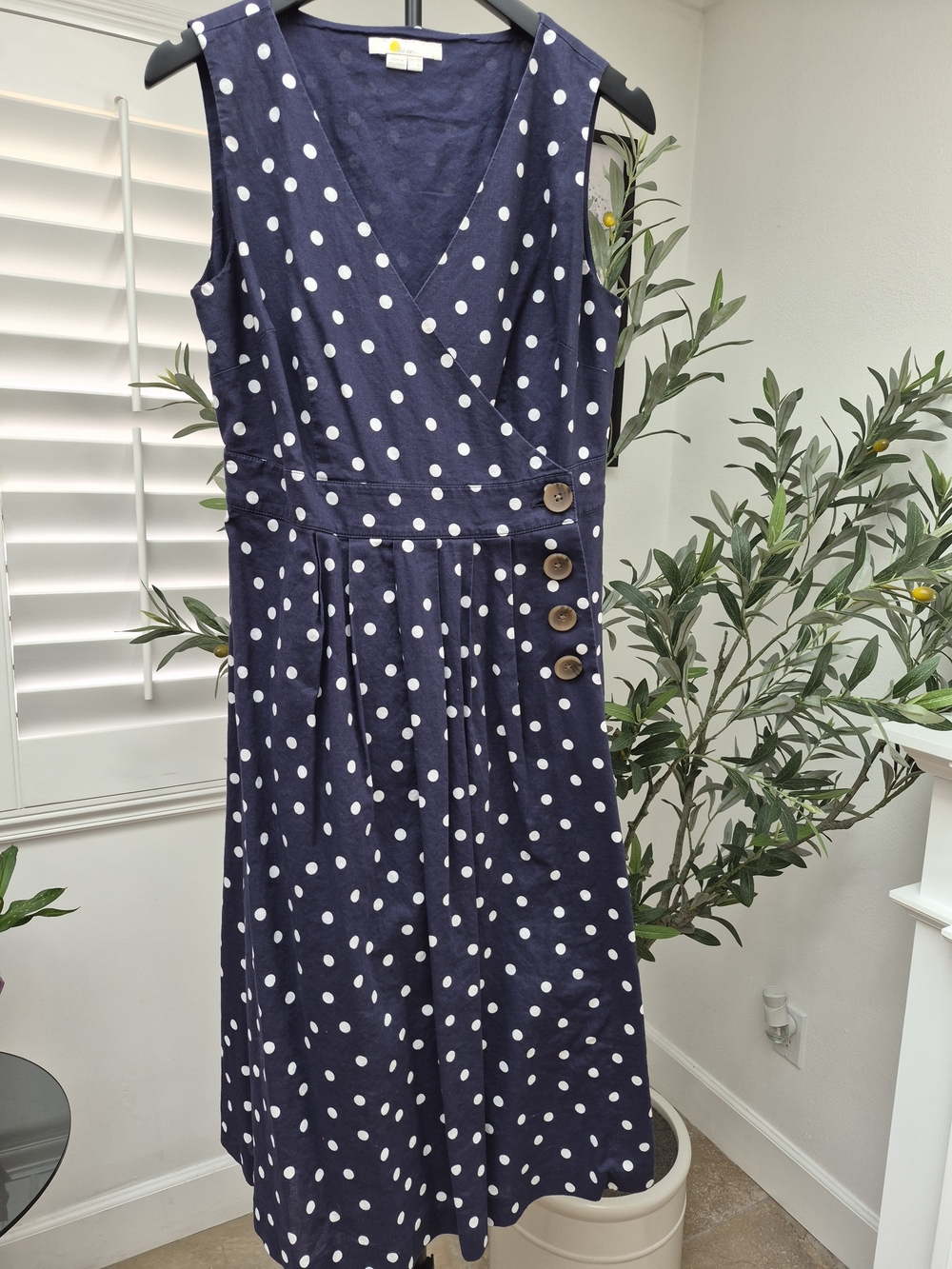 Boden Navy and White Polka Dot Sleeveless Midi Dress